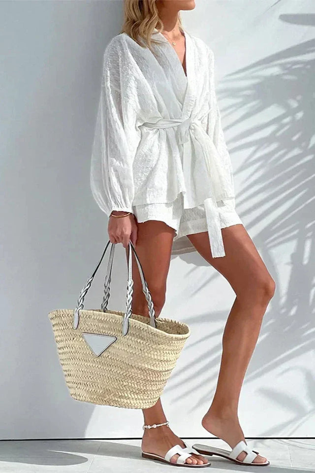 Beyaz Taşlı Bel Bandı ile İki Parçalı Set