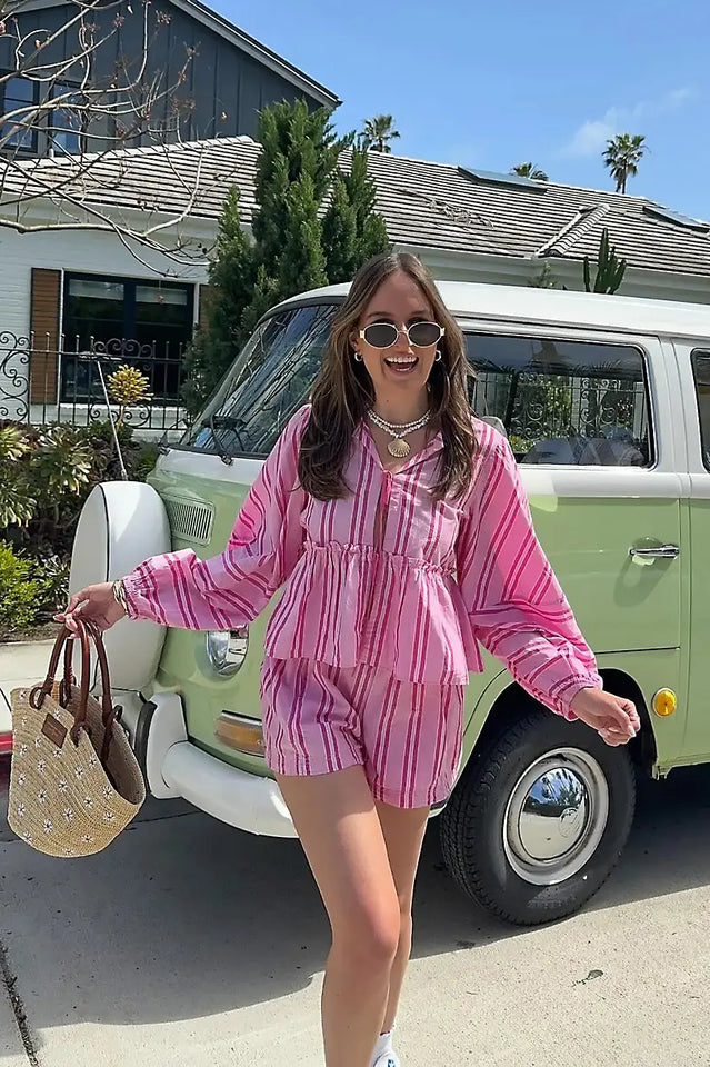 Çizgili Desenli Gömlek ve Şort Seti