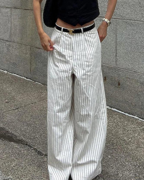 Çizgili Pantolon, Geniş Paça, Kemersiz