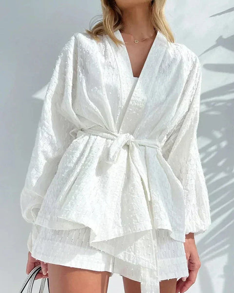 Beyaz Taşlı Bel Bandı ile İki Parçalı Set