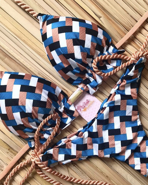 Ekoseli Baskılı Bağcıklı Bikini