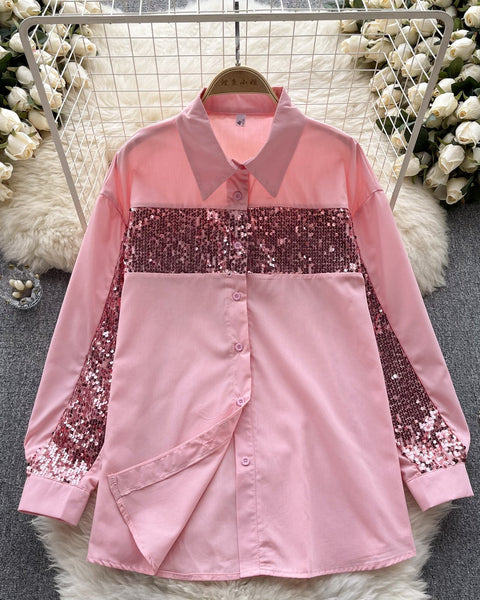 Şık Payetli Patchwork Uzun Kollu Gömlek