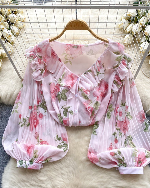 Tatlı Ruffled Şifon Çiçekli Bluz