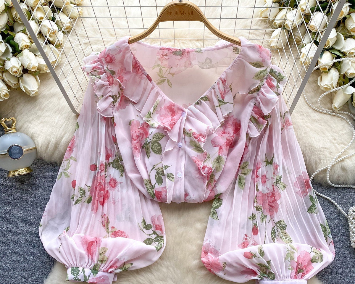 Tatlı Ruffled Şifon Çiçekli Bluz