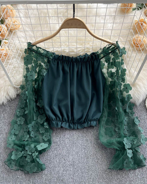 Omuzdan Açık Kısa File Çiçekli Bluz