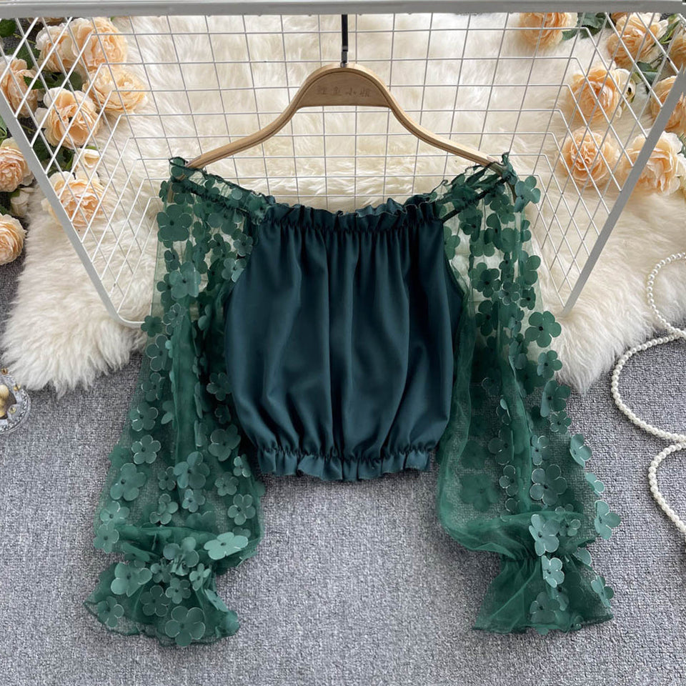 Omuzdan Açık Kısa File Çiçekli Bluz