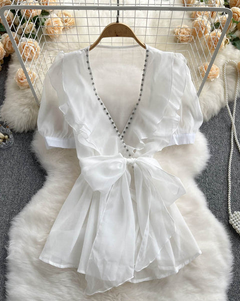 Boncuklu Papyon Detaylı  Mesh Şifon Üst