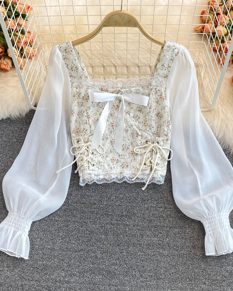 Dantel Kare Yaka İpli Gömlek