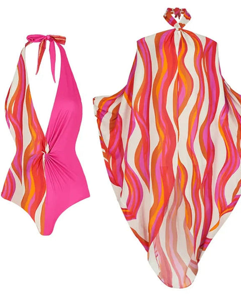 V-yaka Halter Mayo&Elbise Baskılı 2 Parça