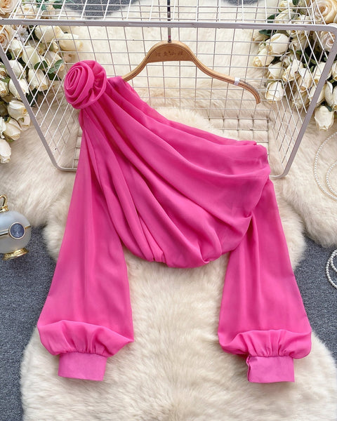 Tek omuzlu 3D Çiçekli Şifon Bluz