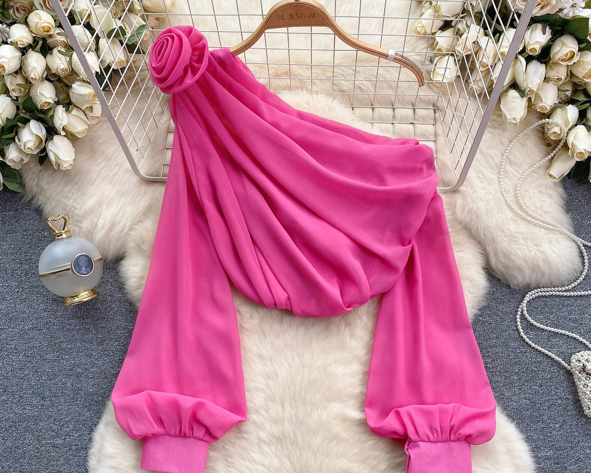 Tek omuzlu 3D Çiçekli Şifon Bluz