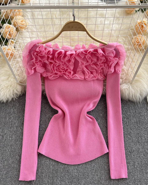 Askılı 3D Çiçek Desenli Triko Üst