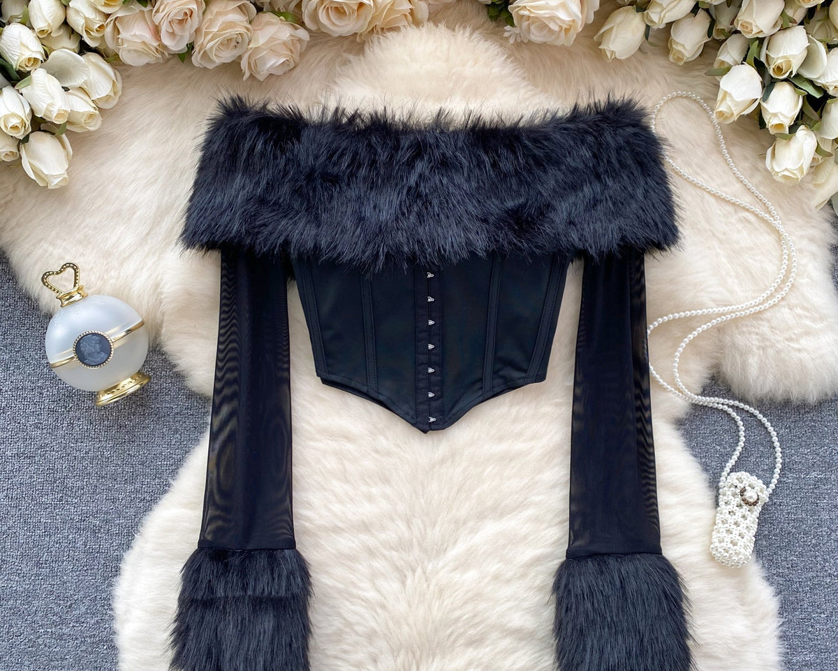 Kabarık Manşet Off-shoulder Siyah Üst