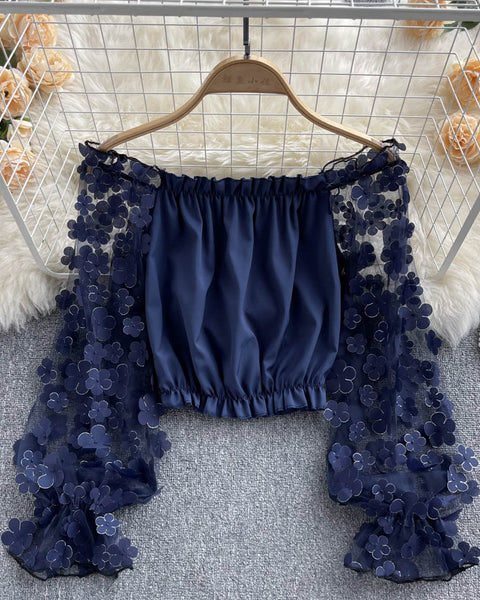 Omuzdan Açık Kısa File Çiçekli Bluz