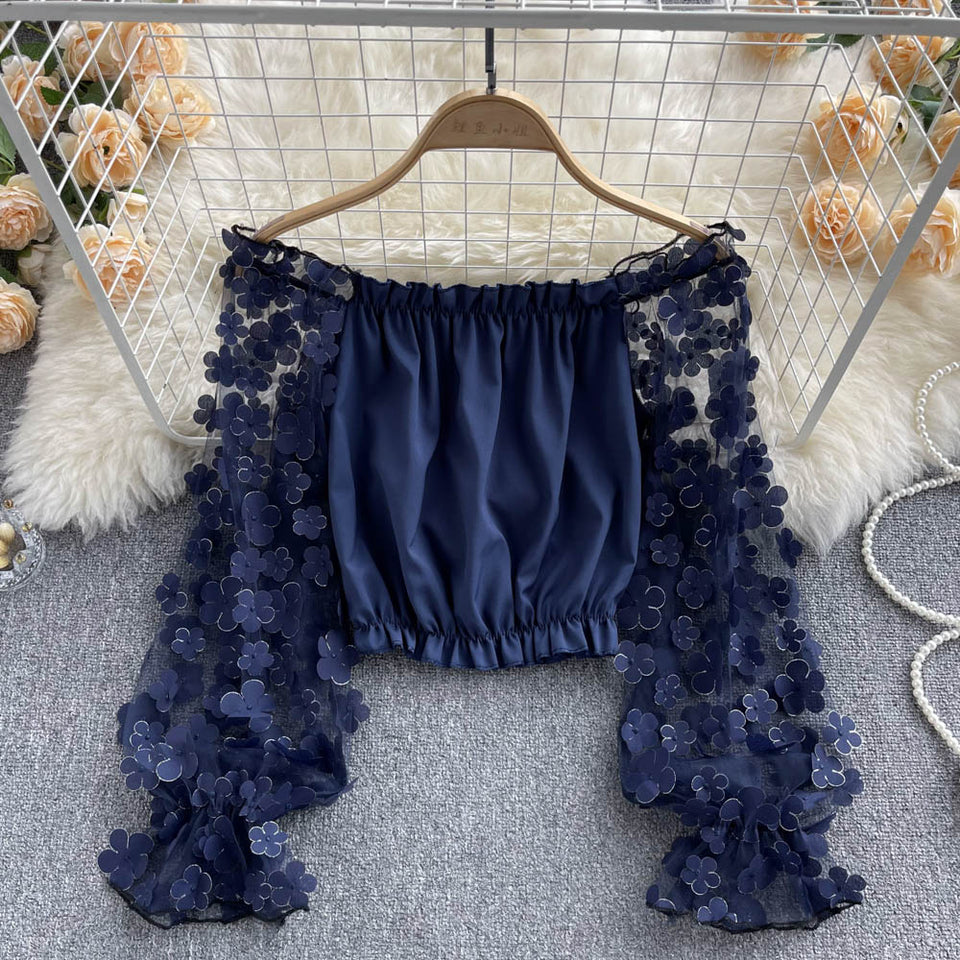 Omuzdan Açık Kısa File Çiçekli Bluz