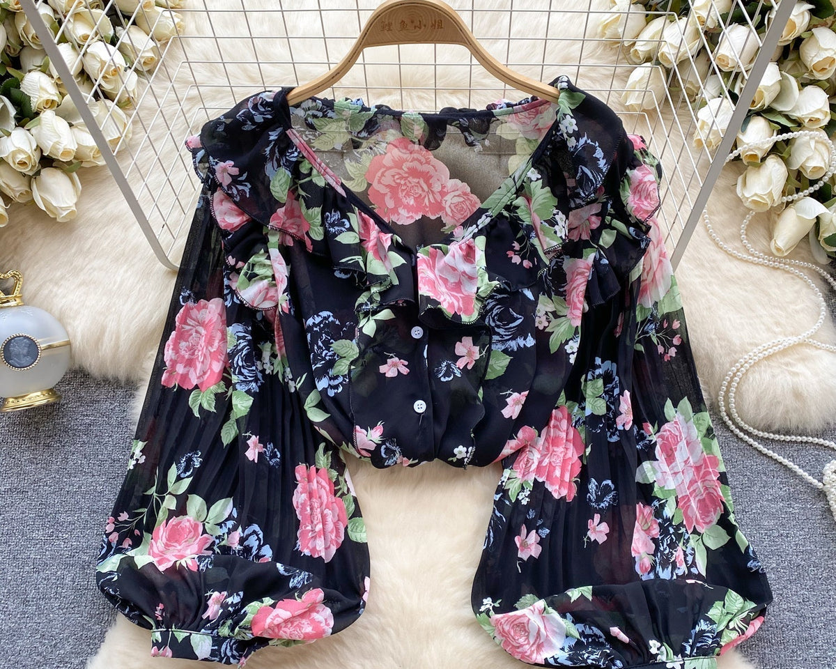 Tatlı Ruffled Şifon Çiçekli Bluz