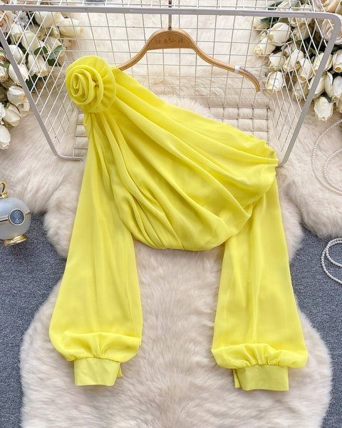 Tek omuzlu 3D Çiçekli Şifon Bluz