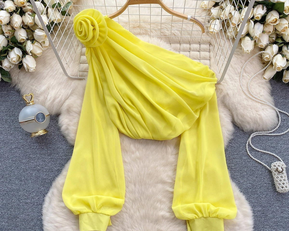 Tek omuzlu 3D Çiçekli Şifon Bluz