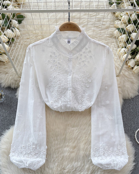 Fırfırlı Kol Düz Renk Nakışlı Gömlek