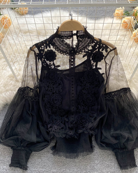 File Fener Kol Dantel İşlemeli Gömlek