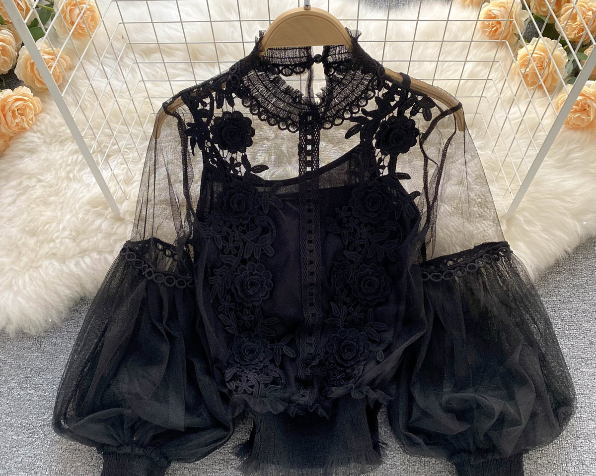 File Fener Kol Dantel İşlemeli Gömlek