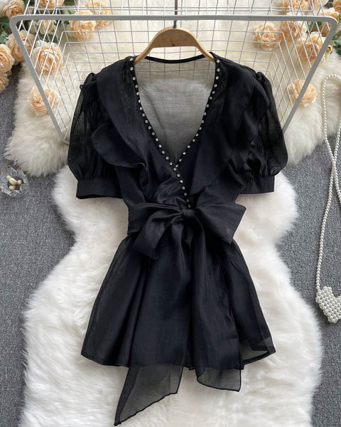 Boncuklu Papyon Detaylı  Mesh Şifon Üst