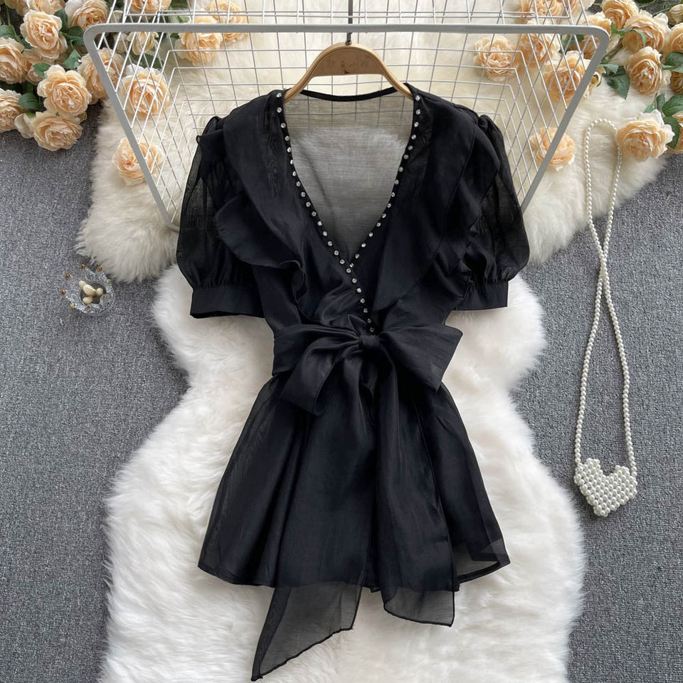 Boncuklu Papyon Detaylı  Mesh Şifon Üst