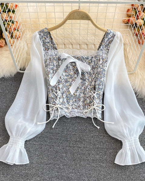 Dantel Kare Yaka İpli Gömlek