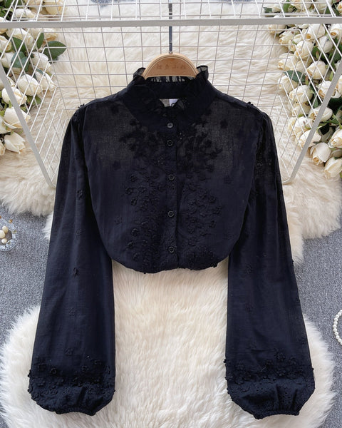 Fırfırlı Kol Düz Renk Nakışlı Gömlek