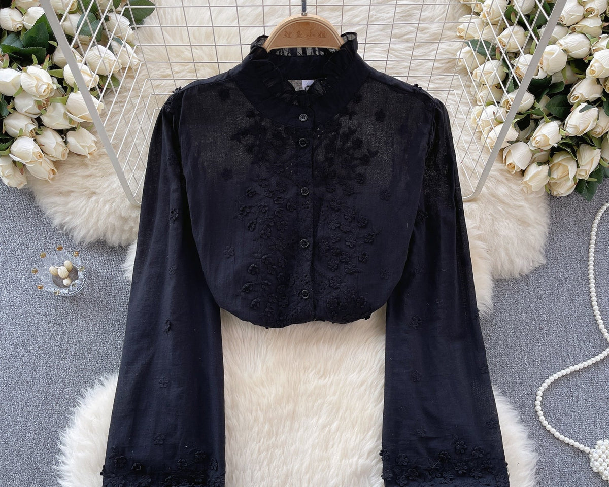 Fırfırlı Kol Düz Renk Nakışlı Gömlek