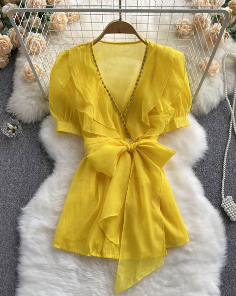 Boncuklu Papyon Detaylı  Mesh Şifon Üst