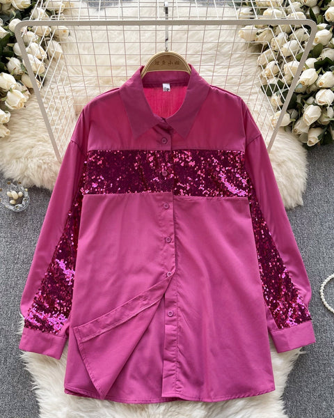 Şık Payetli Patchwork Uzun Kollu Gömlek