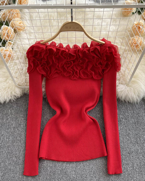 Askılı 3D Çiçek Desenli Triko Üst