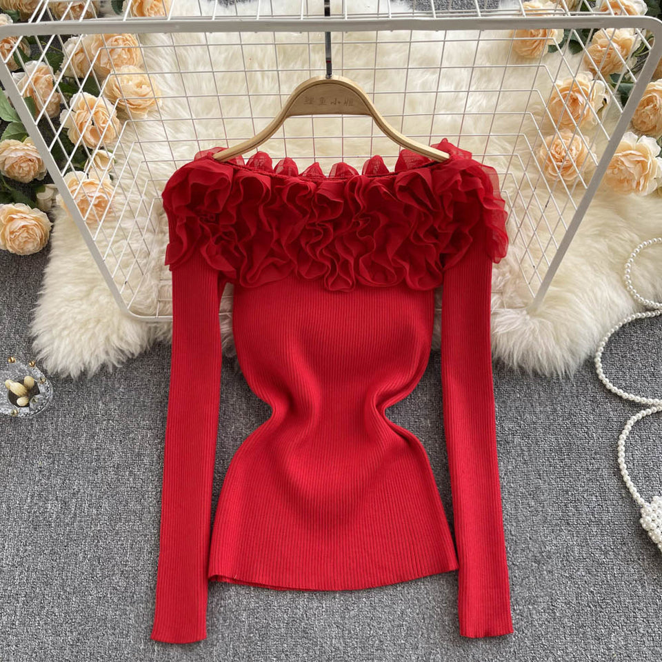 Askılı 3D Çiçek Desenli Triko Üst