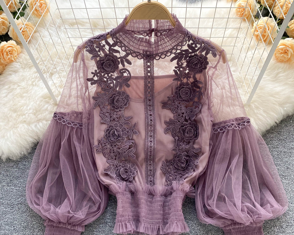 File Fener Kol Dantel İşlemeli Gömlek