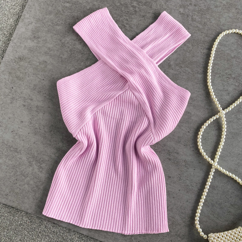 Kolsuz Çapraz Halter Triko Üst