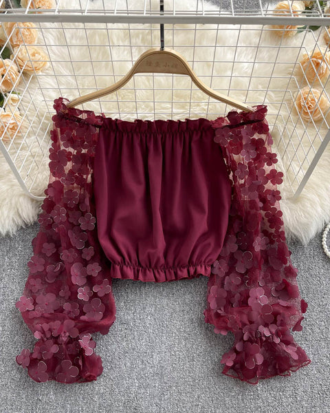 Omuzdan Açık Kısa File Çiçekli Bluz