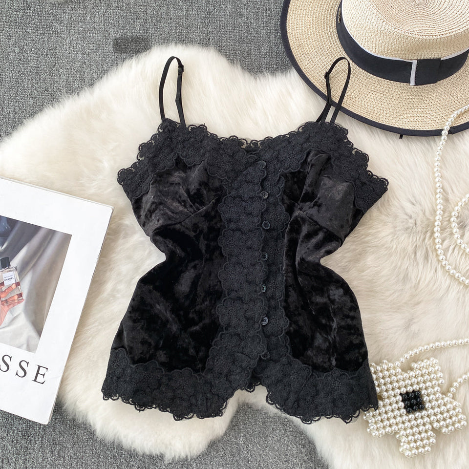 Dantel Patchwork Süet Askılı Bluz