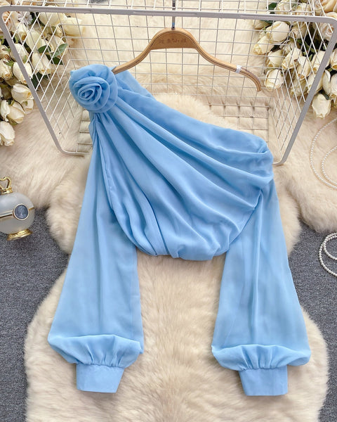 Tek omuzlu 3D Çiçekli Şifon Bluz