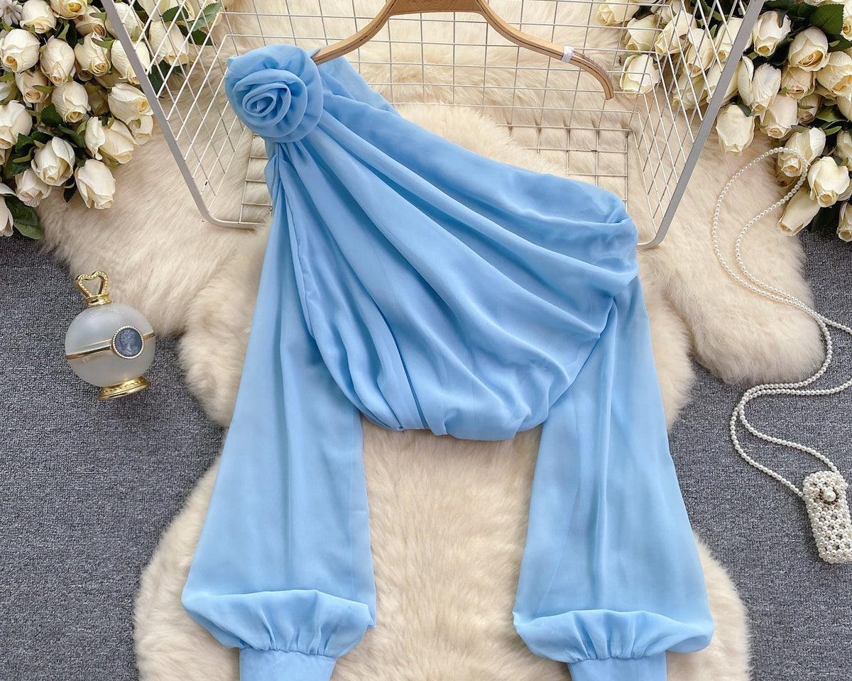 Tek omuzlu 3D Çiçekli Şifon Bluz