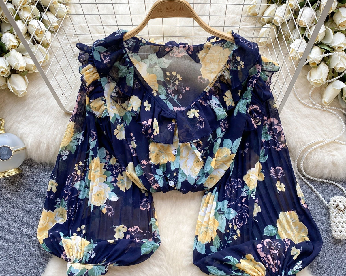 Tatlı Ruffled Şifon Çiçekli Bluz