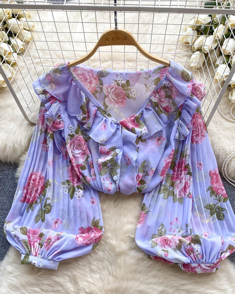Tatlı Ruffled Şifon Çiçekli Bluz