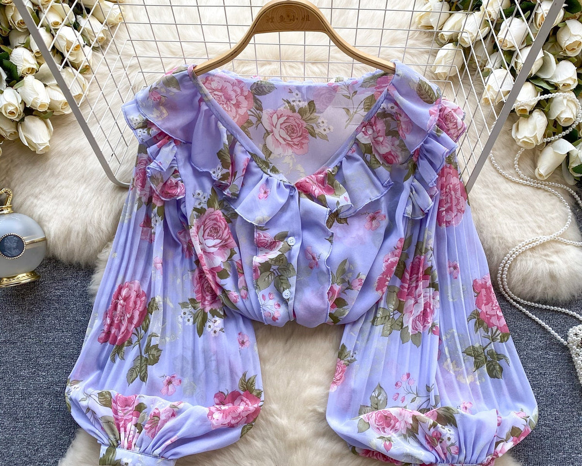 Tatlı Ruffled Şifon Çiçekli Bluz