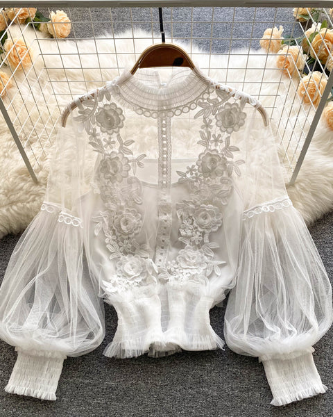 File Fener Kol Dantel İşlemeli Gömlek