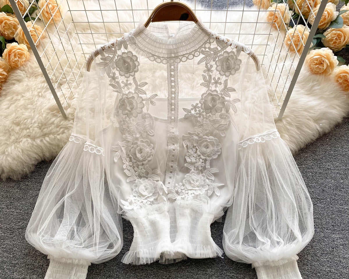 File Fener Kol Dantel İşlemeli Gömlek