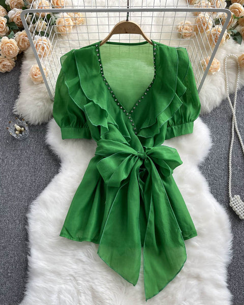 Boncuklu Papyon Detaylı  Mesh Şifon Üst