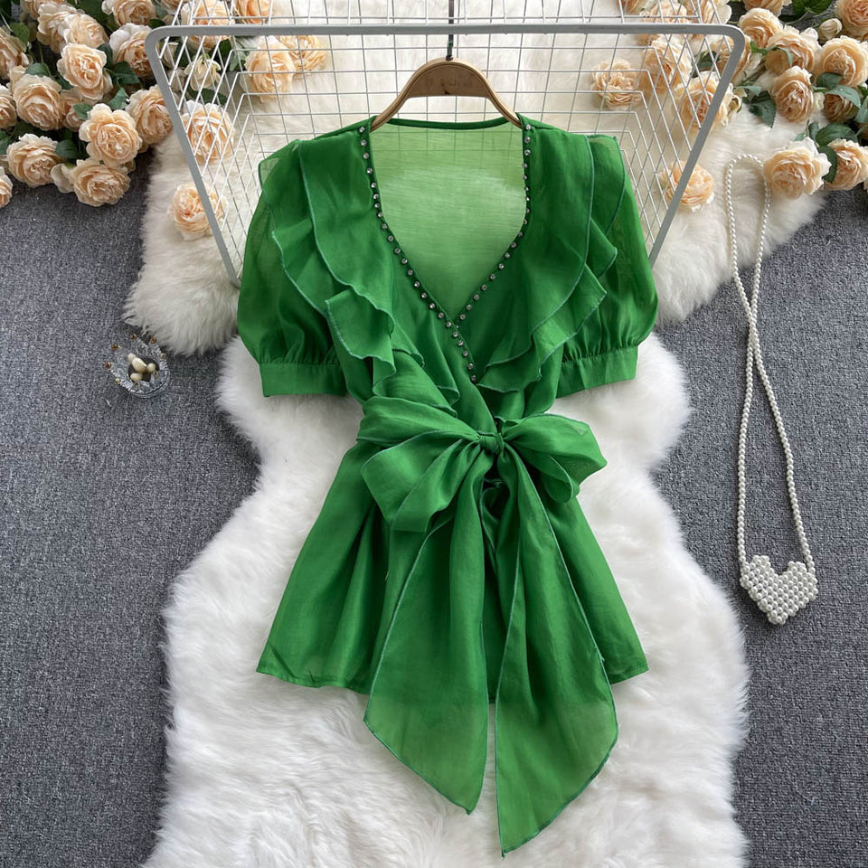 Boncuklu Papyon Detaylı  Mesh Şifon Üst