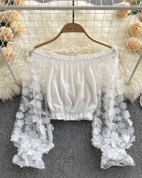 Omuzdan Açık Kısa File Çiçekli Bluz