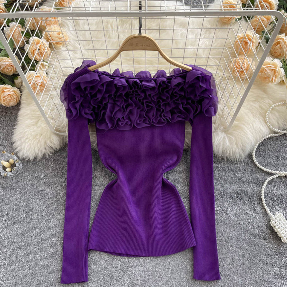 Askılı 3D Çiçek Desenli Triko Üst