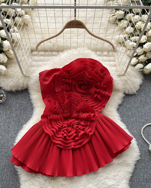 3D Çiçekli Plise Volanlı Korse